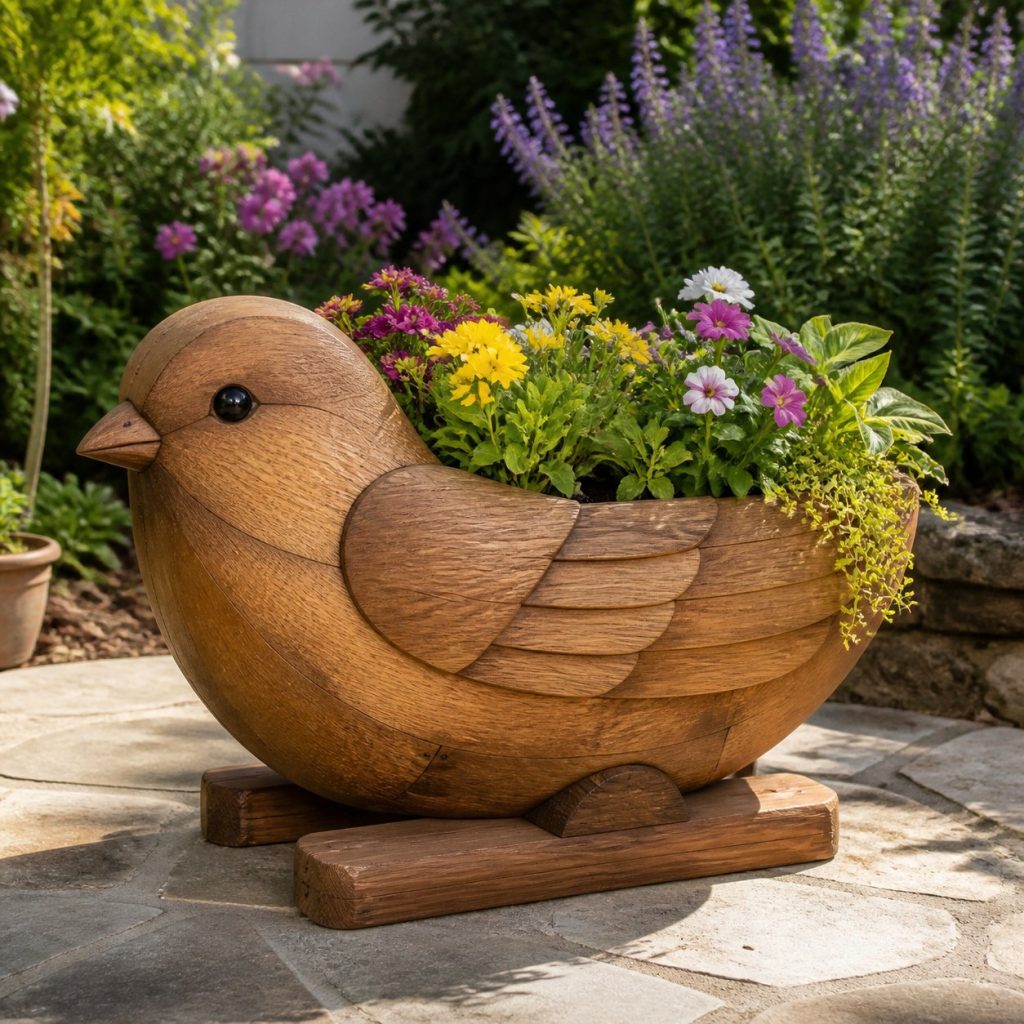 Large Grass-Filled Sparrow shown as a square photorealistic cedar sparrow-shaped garden planter filled with flowers