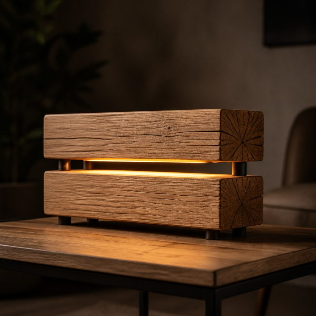 Horizontal Oak Split-Beam Lamp shown as an original square photorealistic split wood lamp dominated by real timber grain and warm diffused LED light
