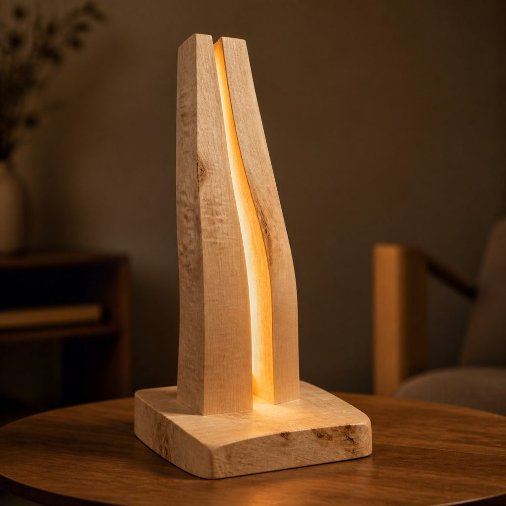 Maple Fork-Split Accent Lamp shown as an original square photorealistic split wood lamp dominated by real timber grain and warm diffused LED light