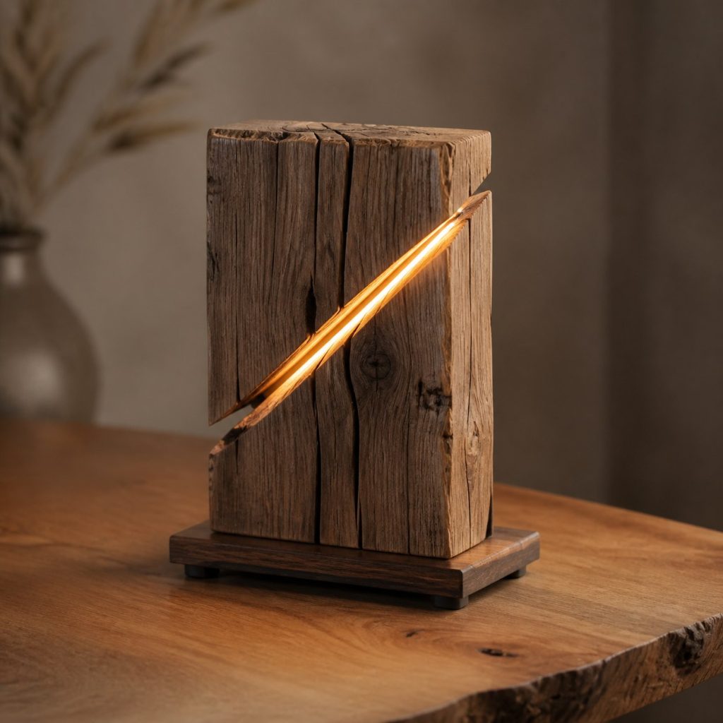 Diagonal Chestnut Split Lamp shown as an original square photorealistic split wood lamp dominated by real timber grain and warm diffused LED light