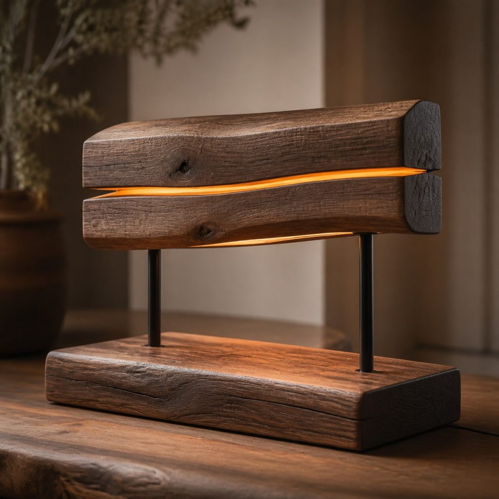 Dark-Ash Twin-Slab Lamp shown as an original square photorealistic split wood lamp dominated by real timber grain and warm diffused LED light