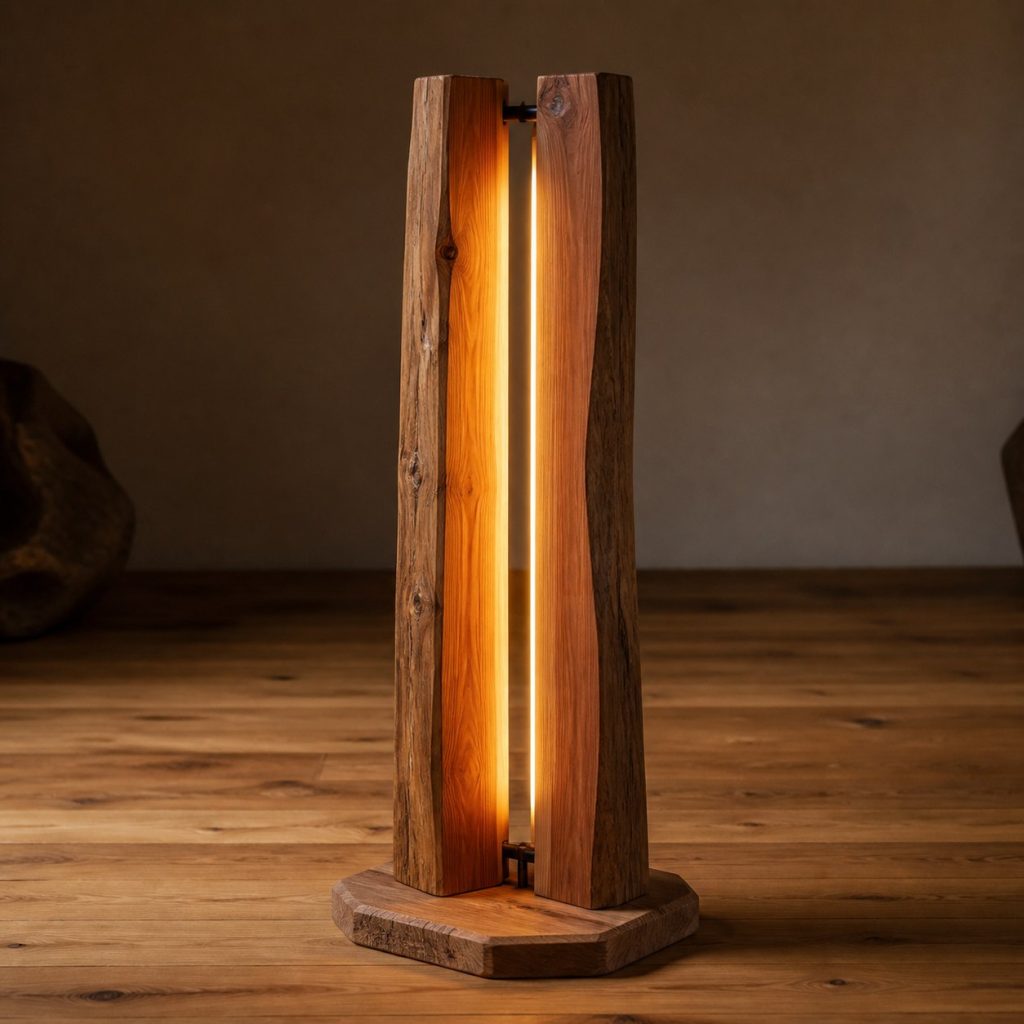 Tall Cedar Split-Column Lamp shown as an original square photorealistic split wood lamp dominated by real timber grain and warm diffused LED light