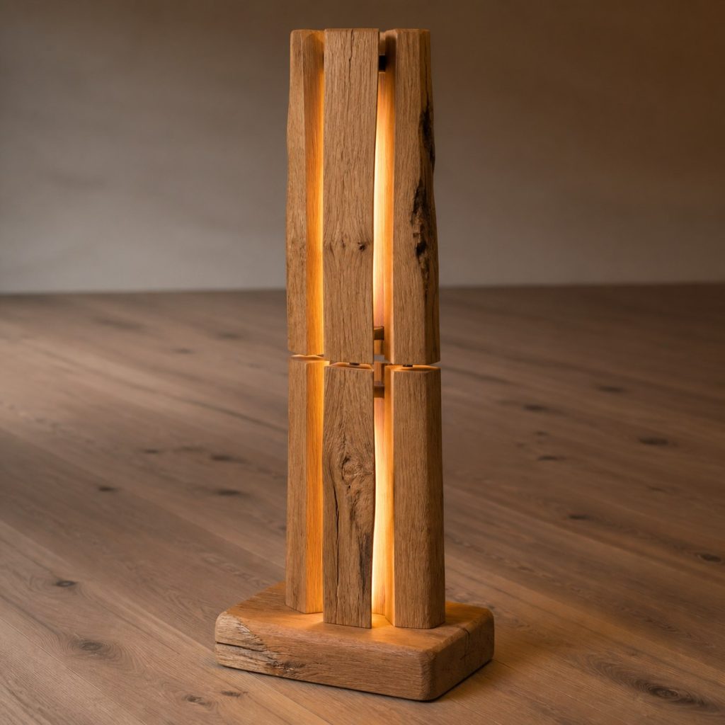 White-Oak Three-Part Split Lamp shown as an original square photorealistic split wood lamp dominated by real timber grain and warm diffused LED light