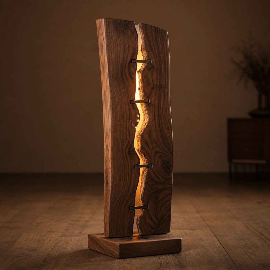 Walnut Lightning-Fissure Lamp shown as an original square photorealistic split wood lamp dominated by real timber grain and warm diffused LED light
