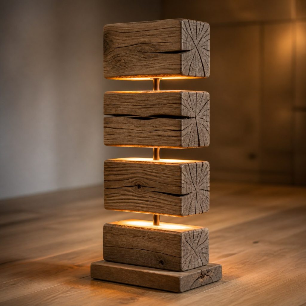Stacked Split-Log Floor Lamp shown as an original square photorealistic split wood lamp dominated by real timber grain and warm diffused LED light