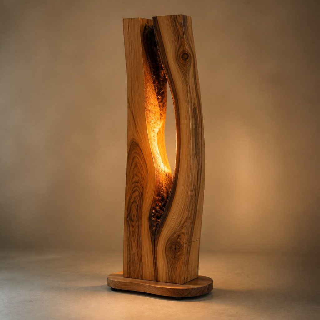 Sculpted Olive-Wood Split Lamp shown as an original square photorealistic split wood lamp dominated by real timber grain and warm diffused LED light