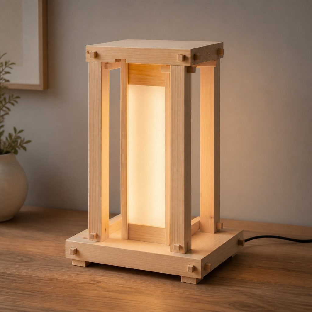 Spruce Frame Diffuser Table Lamp shown as an original square photorealistic spruce wood lamp with authentic grain, warm diffused light, and a short dark power cord