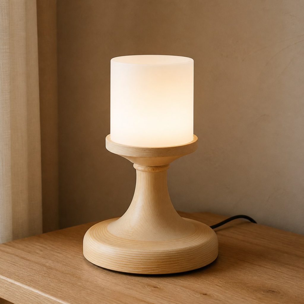 Spruce Turned Bedside Lamp shown as an original square photorealistic spruce wood lamp with authentic grain, warm diffused light, and a short dark power cord