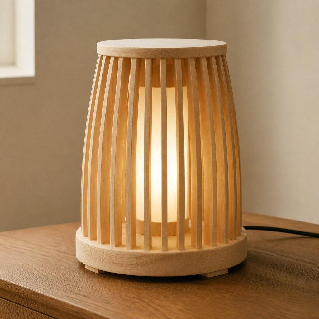 Spruce Slatted Lantern Lamp shown as an original square photorealistic spruce wood lamp with authentic grain, warm diffused light, and a short dark power cord