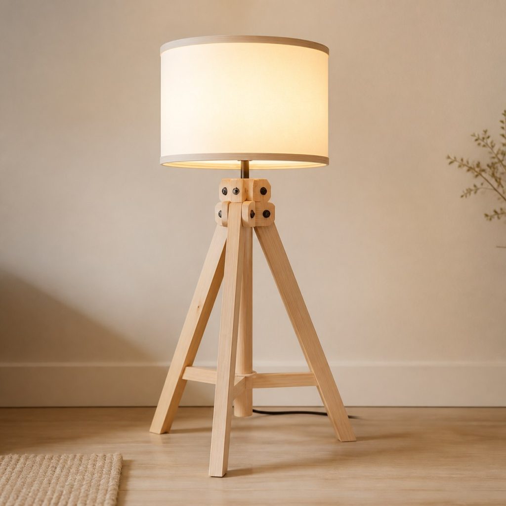 Spruce Tripod Reading Lamp shown as an original square photorealistic spruce wood lamp with authentic grain, warm diffused light, and a short dark power cord
