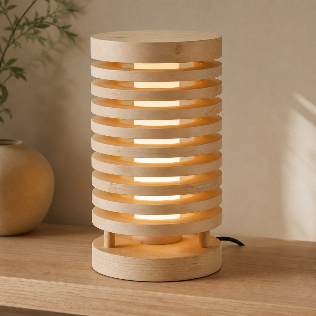 Spruce Stacked Ring Lamp shown as an original square photorealistic spruce wood lamp with authentic grain, warm diffused light, and a short dark power cord