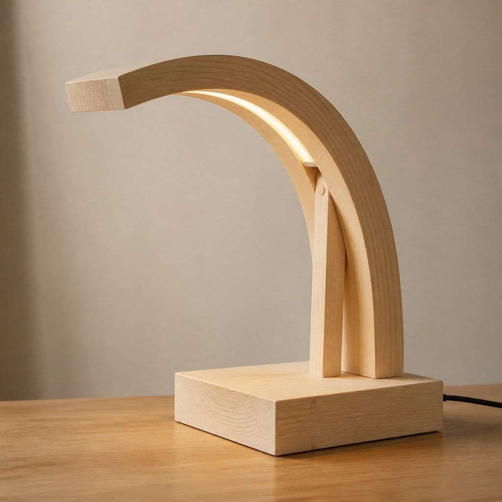 Spruce Laminated Arch Lamp shown as an original square photorealistic spruce wood lamp with authentic grain, warm diffused light, and a short dark power cord
