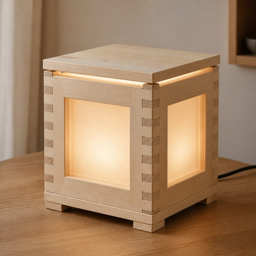 Spruce Box-Jointed Cube Lamp shown as an original square photorealistic spruce wood lamp with authentic grain, warm diffused light, and a short dark power cord