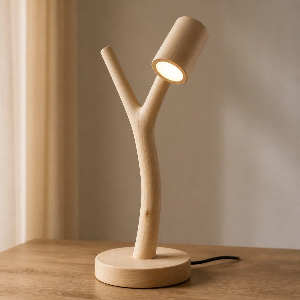 Spruce Branch Reading Lamp shown as an original square photorealistic spruce wood lamp with authentic grain, warm diffused light, and a short dark power cord