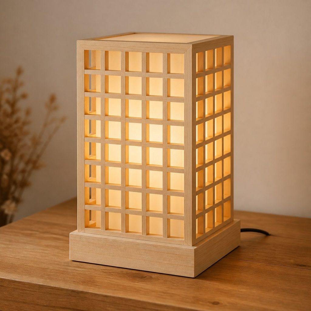 Spruce Lattice Lamp shown as an original square photorealistic spruce wood lamp with authentic grain, warm diffused light, and a short dark power cord