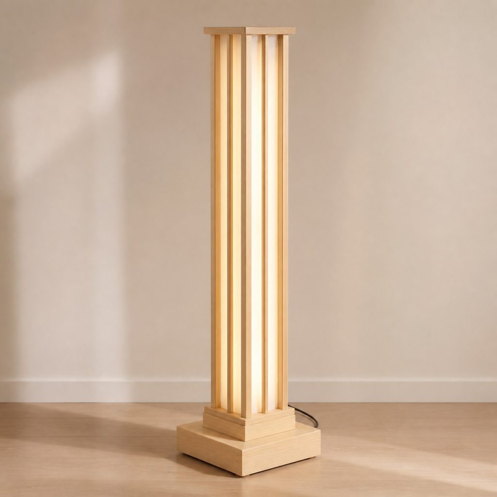 Spruce Column Floor Lamp shown as an original square photorealistic spruce wood lamp with authentic grain, warm diffused light, and a short dark power cord