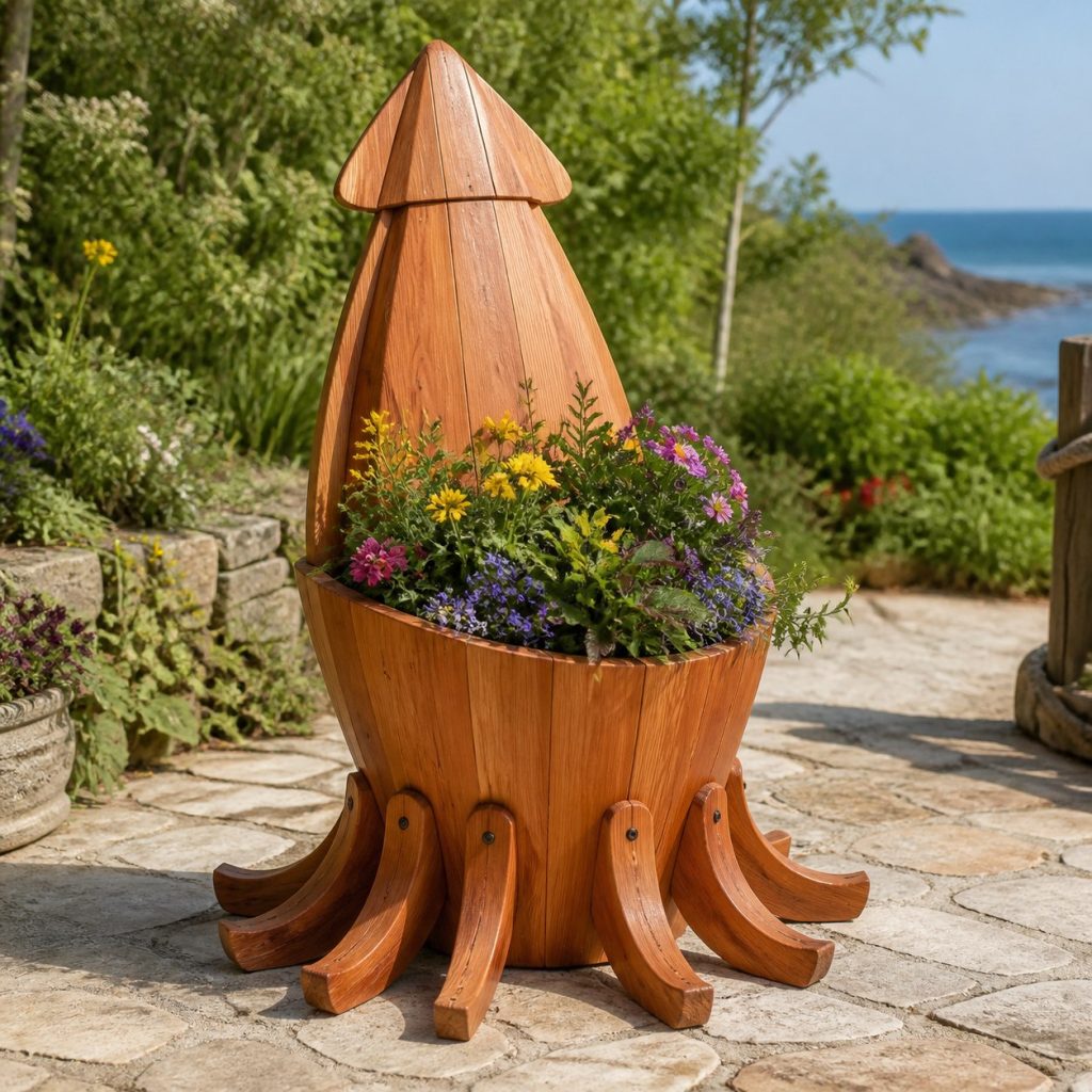 Classic Tapered Cedar Squid shown as a square photorealistic cedar squid-shaped garden planter filled with flowers