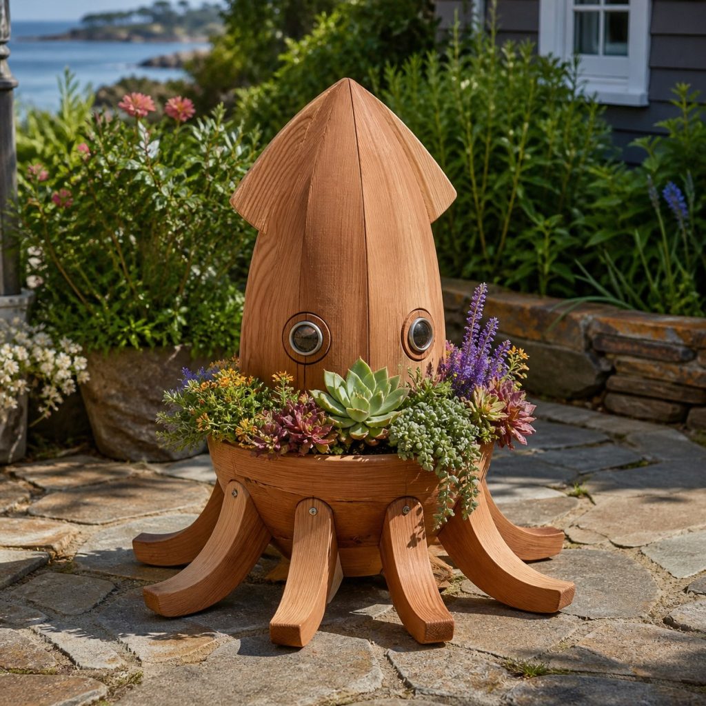 Compact Succulent Squid shown as a square photorealistic cedar squid-shaped garden planter filled with flowers