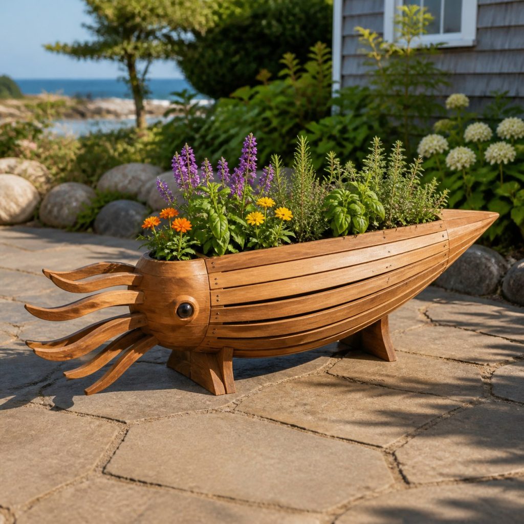 Slatted Herb-Trough Squid shown as a square photorealistic cedar squid-shaped garden planter filled with flowers