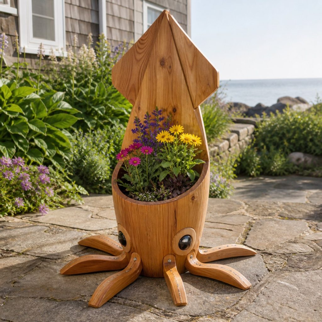 Squid with Galvanized Liner shown as a square photorealistic cedar squid-shaped garden planter filled with flowers