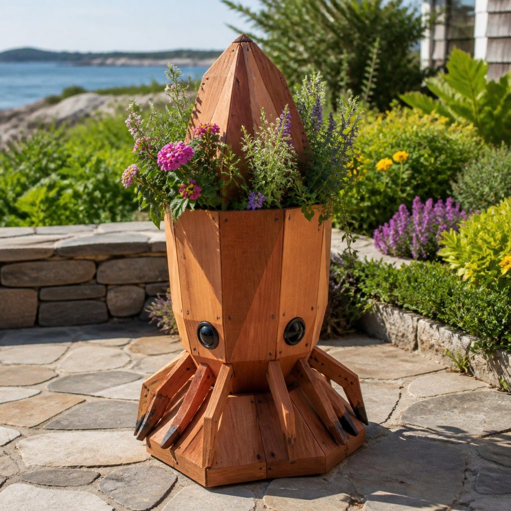 Modern Geometric Squid shown as a square photorealistic cedar squid-shaped garden planter filled with flowers