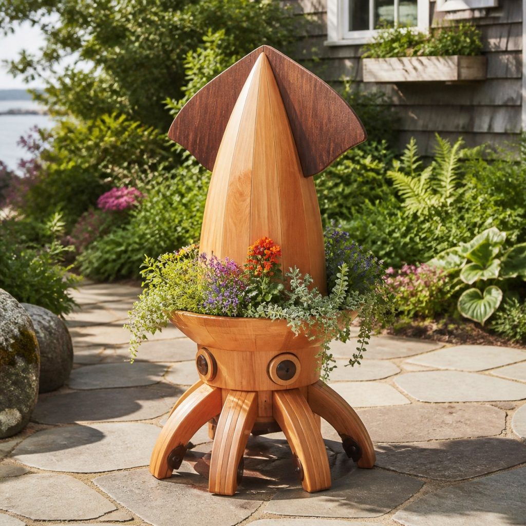 Two-Tone Cedar Squid shown as a square photorealistic cedar squid-shaped garden planter filled with flowers
