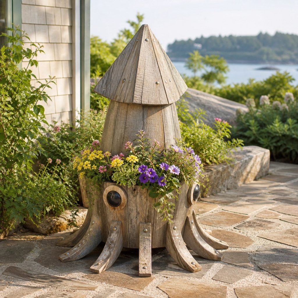 Weathered Cottage Squid shown as a square photorealistic cedar squid-shaped garden planter filled with flowers