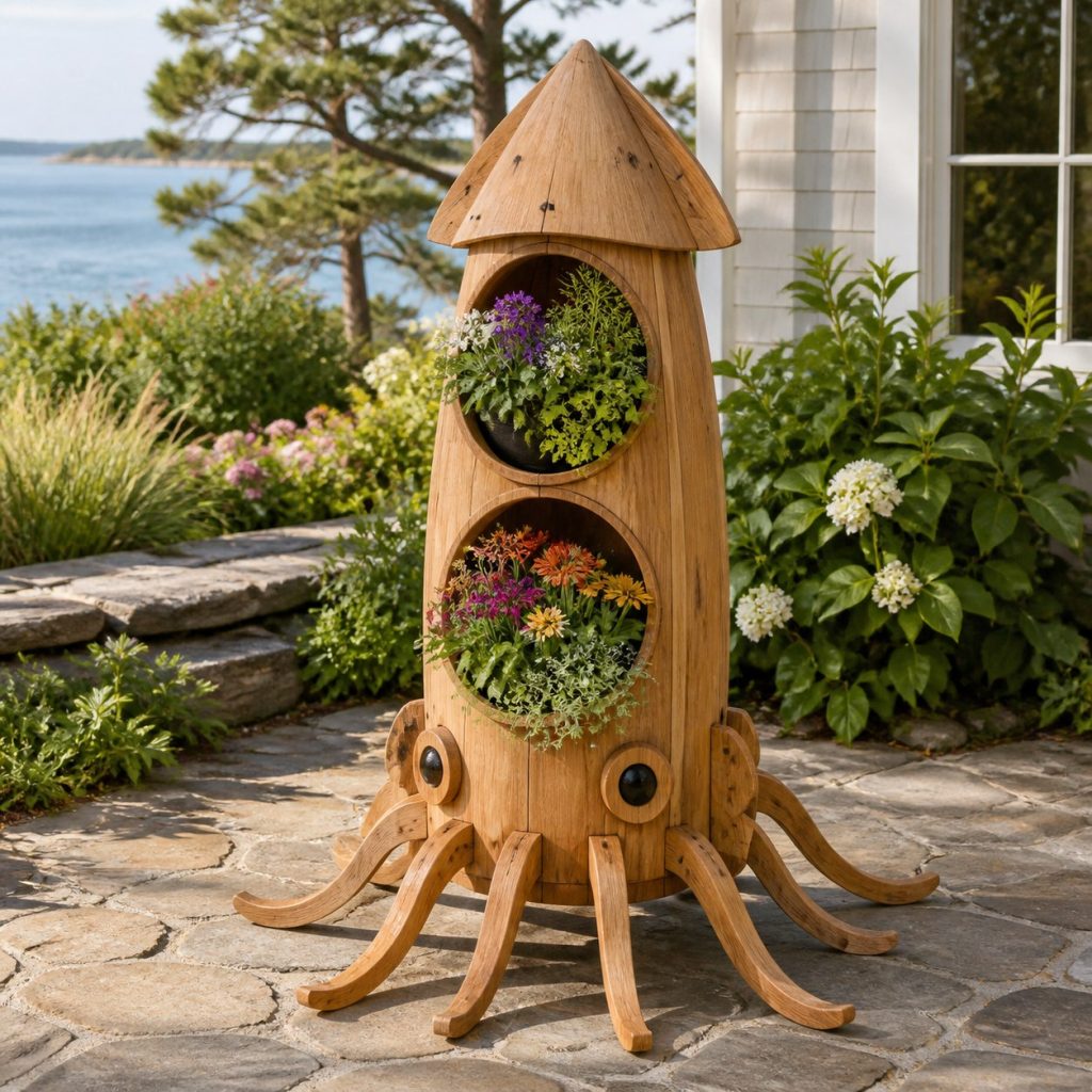 Squid with Twin Flower Pots shown as a square photorealistic cedar squid-shaped garden planter filled with flowers