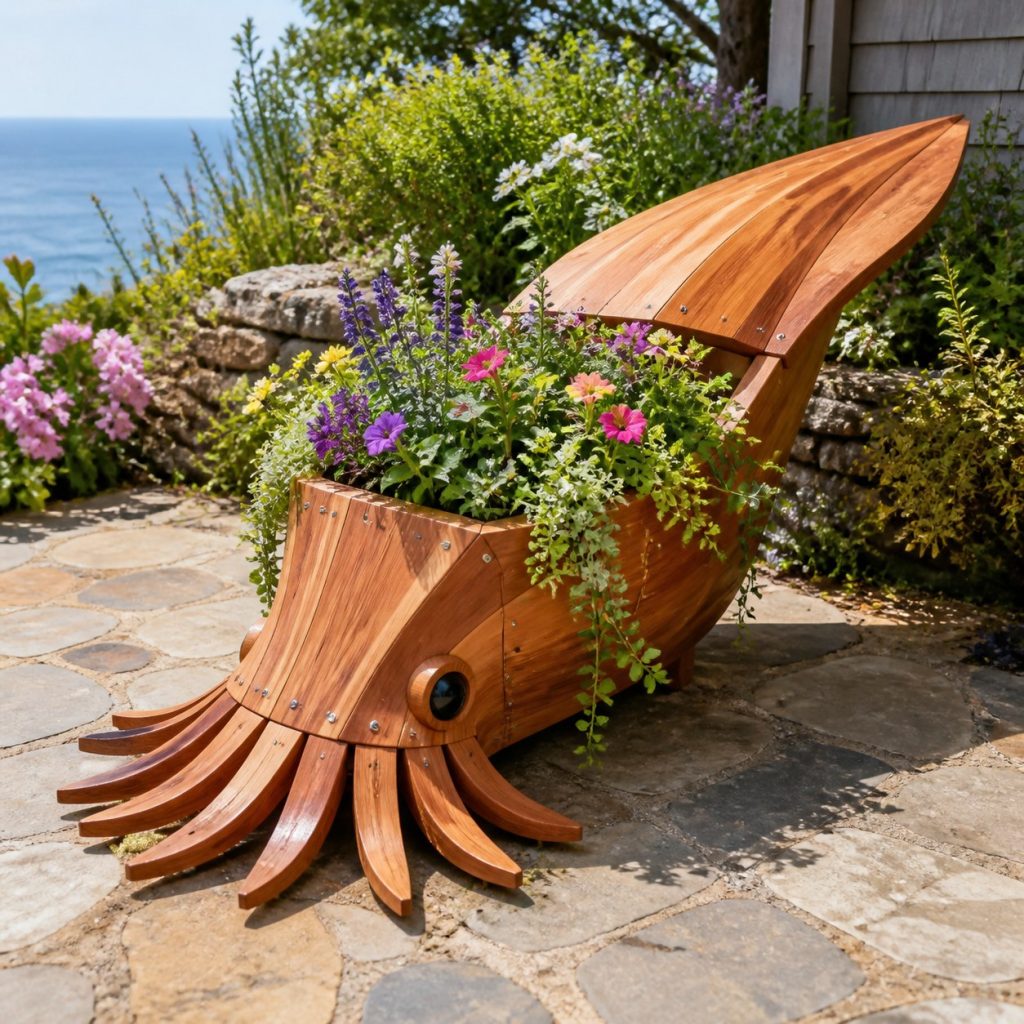 Trailing-Flower Squid shown as a square photorealistic cedar squid-shaped garden planter filled with flowers
