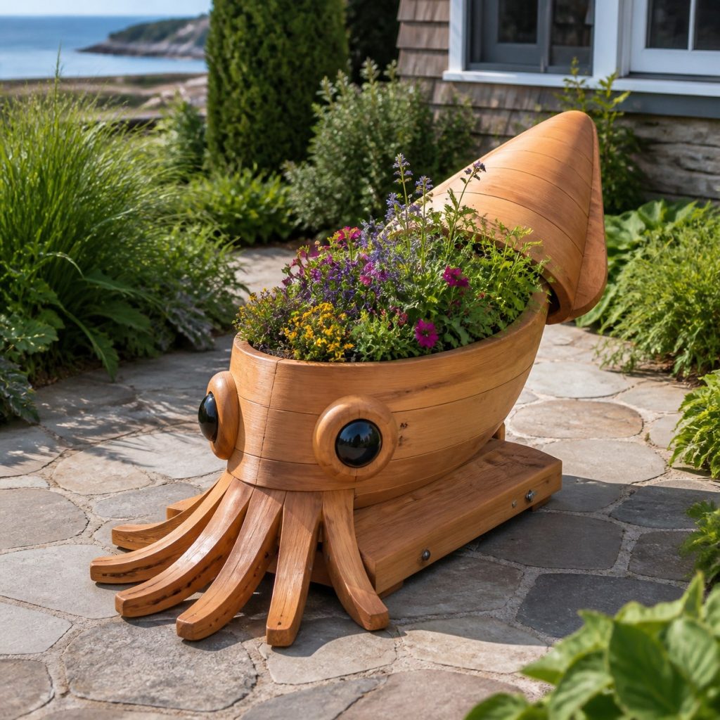 Large Grass-Filled Squid shown as a square photorealistic cedar squid-shaped garden planter filled with flowers
