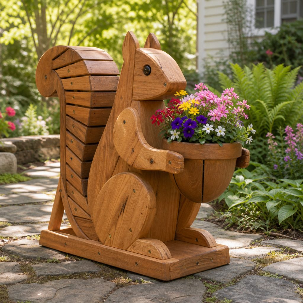 Sitting Squirrel Pot Holder shown as a square photorealistic cedar garden planter filled with cottage flowers
