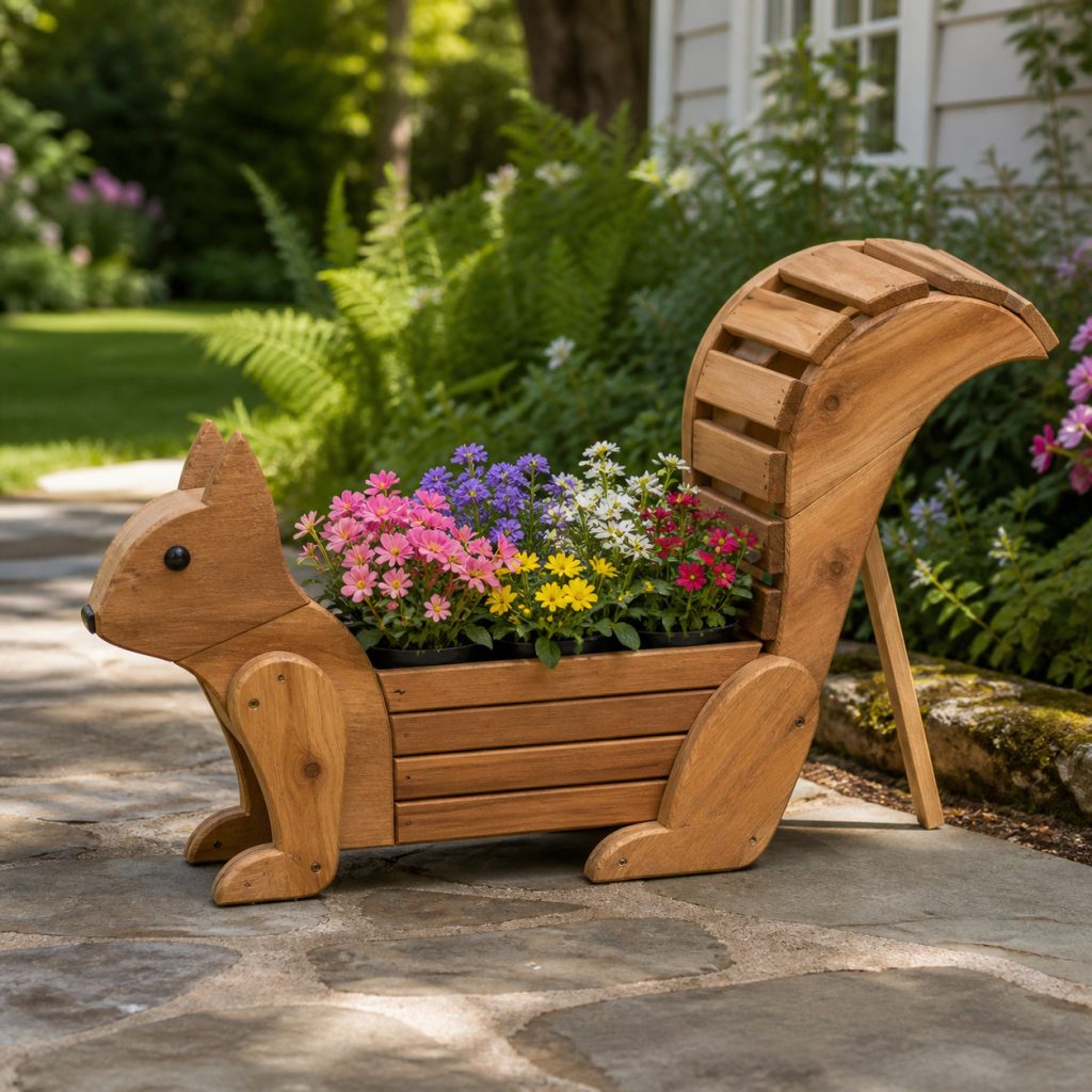 Long Woodland Squirrel Trough shown as a square photorealistic cedar garden planter filled with cottage flowers