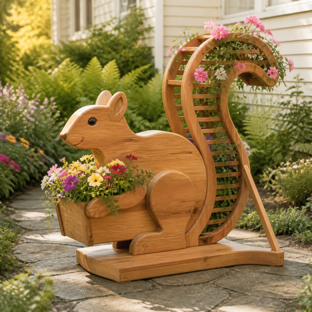 Tail-Trellis Squirrel Planter shown as a square photorealistic cedar garden planter filled with cottage flowers