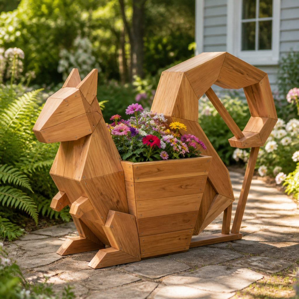 Modern Geometric Squirrel shown as a square photorealistic cedar garden planter filled with cottage flowers