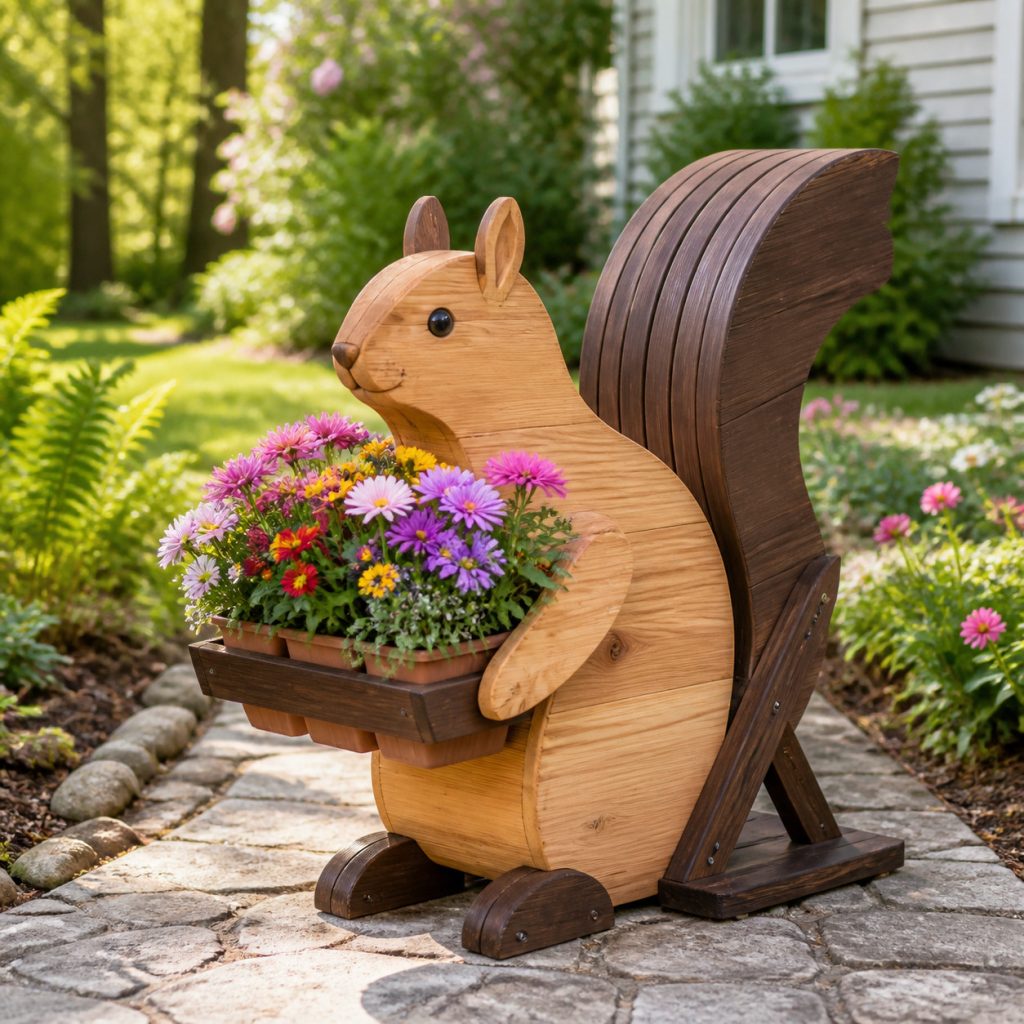 Dark-Tail Two-Tone Squirrel shown as a square photorealistic cedar garden planter filled with cottage flowers