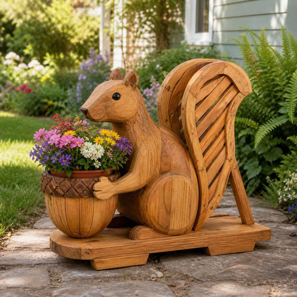 Compact Squirrel with Acorn Pot shown as a square photorealistic cedar garden planter filled with cottage flowers