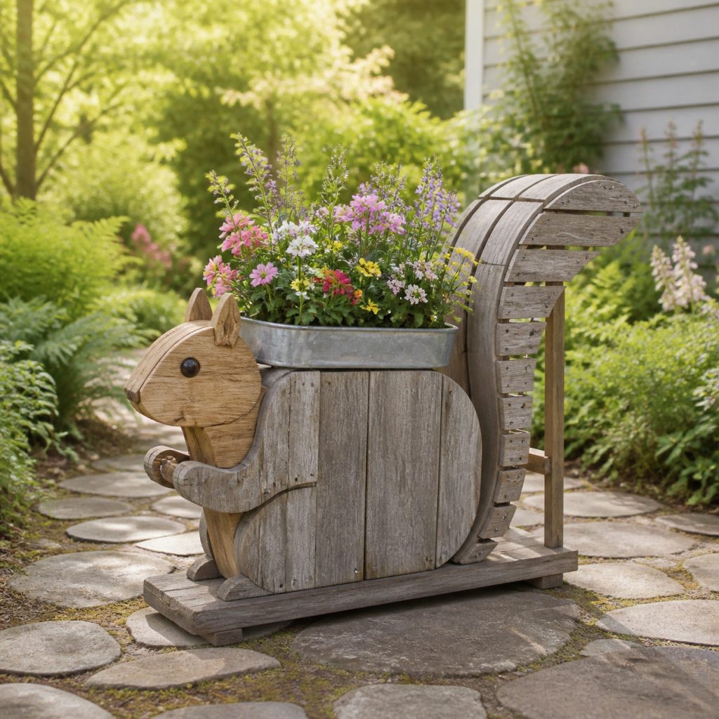 Weathered Cottage Squirrel shown as a square photorealistic cedar garden planter filled with cottage flowers