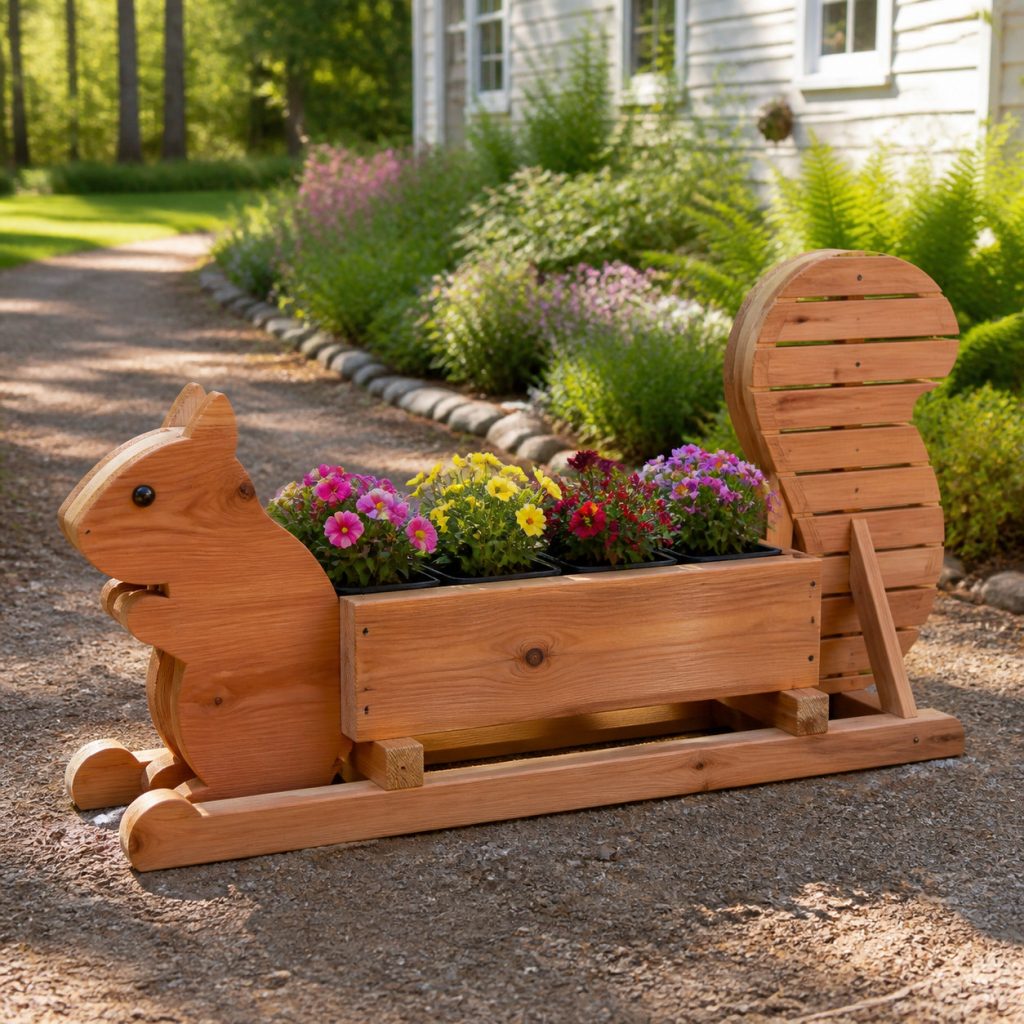 Low Squirrel on Base Rails shown as a square photorealistic cedar garden planter filled with cottage flowers