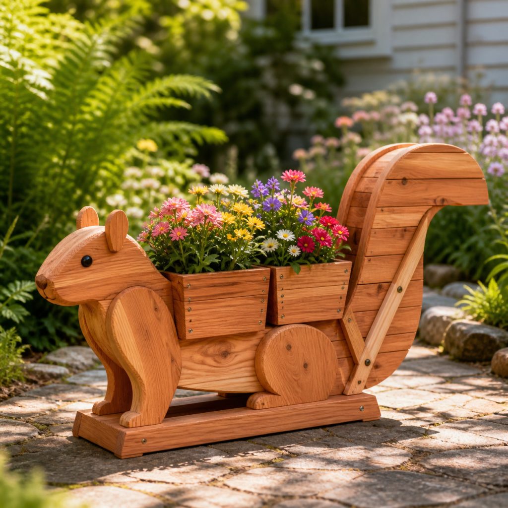 Twin-Pot Cedar Squirrel shown as a square photorealistic cedar garden planter filled with cottage flowers