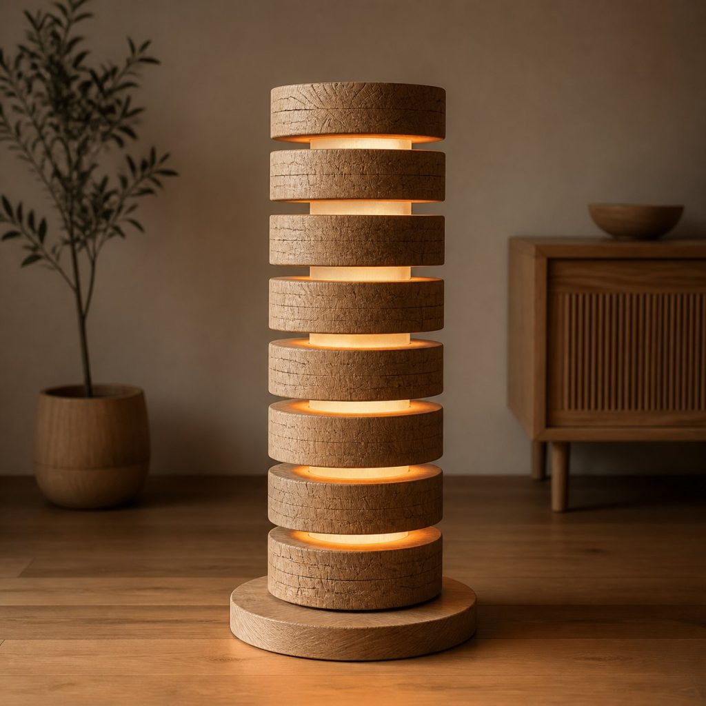 Stacked Oak End-Grain Floor Lamp shown as an original square photorealistic stacked wood slice lamp dominated by real timber grain and warm diffused LED light