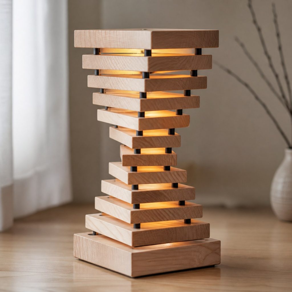 Twisting Maple Square-Slice Lamp shown as an original square photorealistic stacked wood slice lamp dominated by real timber grain and warm diffused LED light