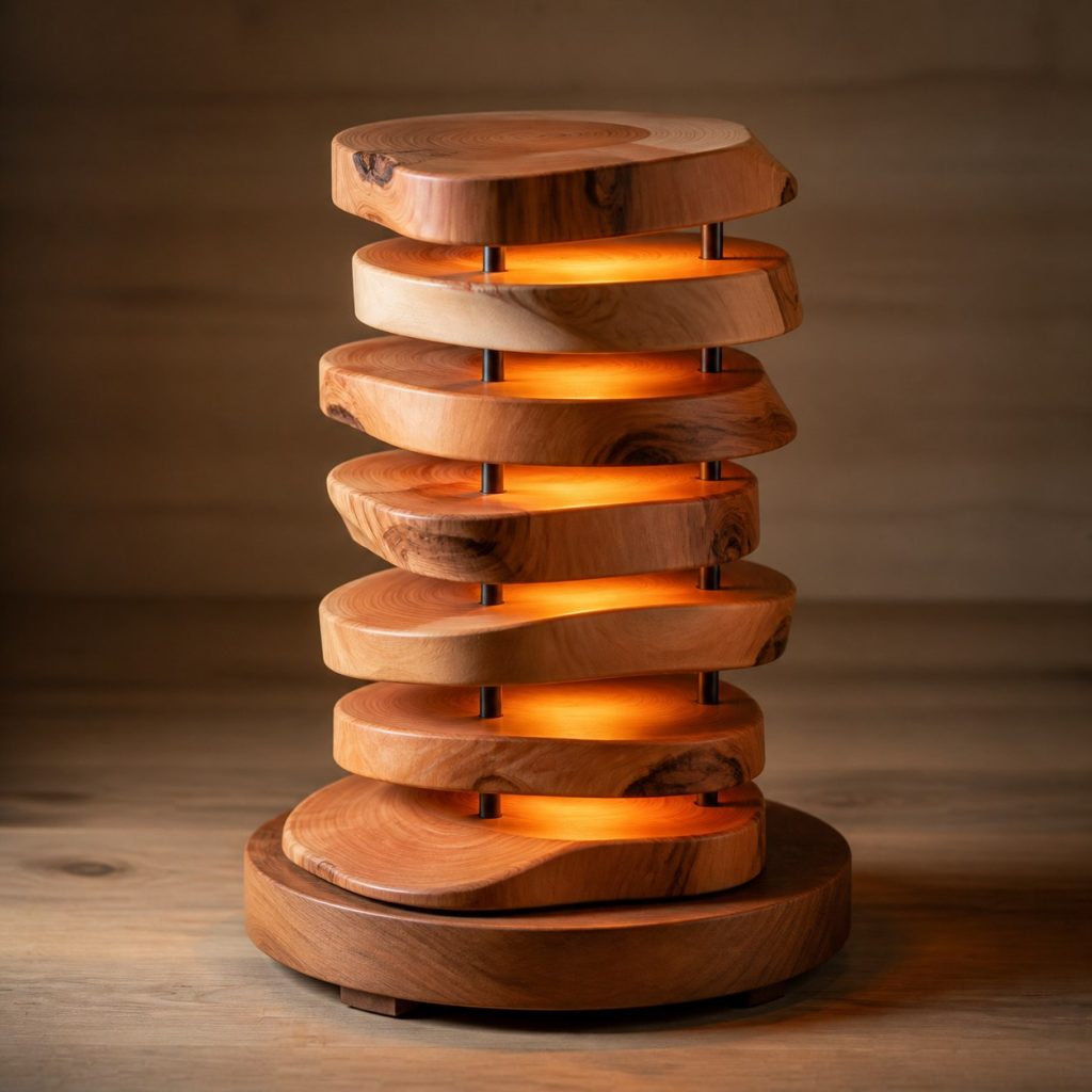 Stacked Cedar Live-Edge Disc Lamp shown as an original square photorealistic stacked wood slice lamp dominated by real timber grain and warm diffused LED light