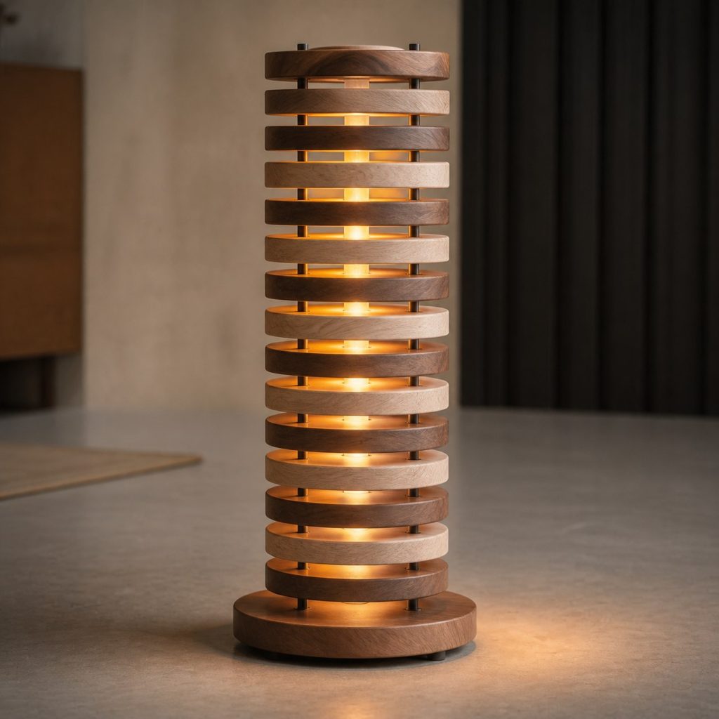 Walnut and Ash Striped Slice Lamp shown as an original square photorealistic stacked wood slice lamp dominated by real timber grain and warm diffused LED light