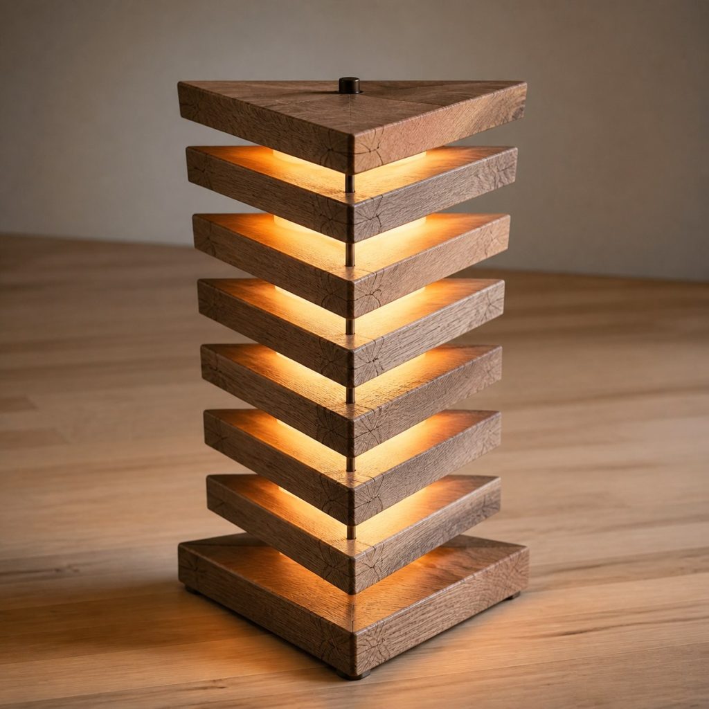 Triangular Oak Slice Lantern shown as an original square photorealistic stacked wood slice lamp dominated by real timber grain and warm diffused LED light
