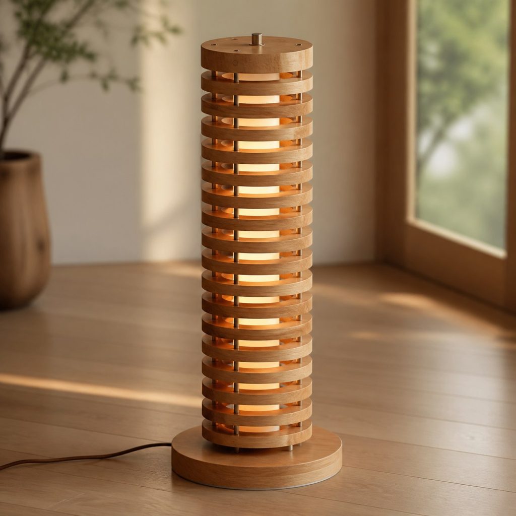 Stacked Cherry Ring Lamp shown as an original square photorealistic stacked wood slice lamp dominated by real timber grain and warm diffused LED light