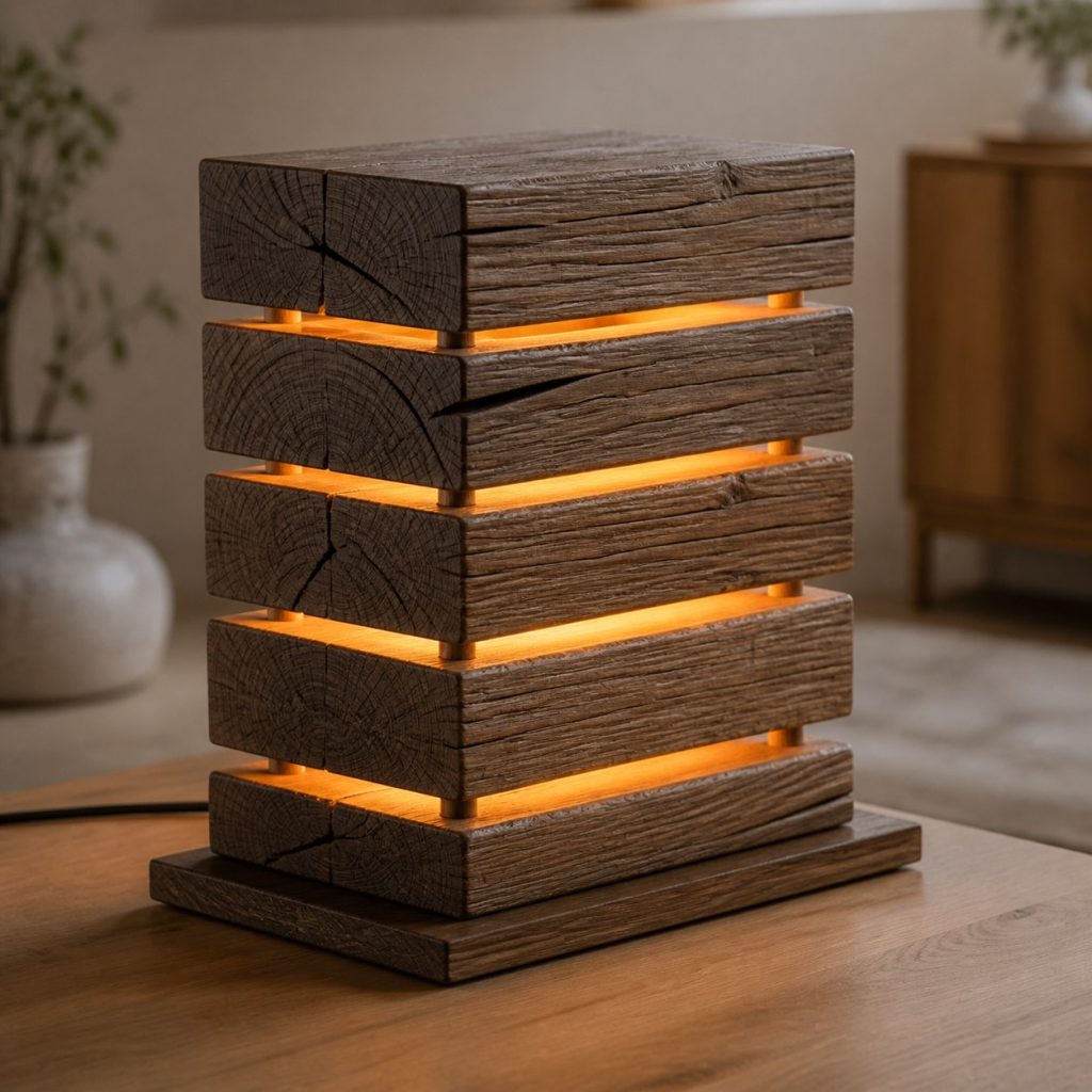 Reclaimed Beam-Offcut Lamp shown as an original square photorealistic stacked wood slice lamp dominated by real timber grain and warm diffused LED light