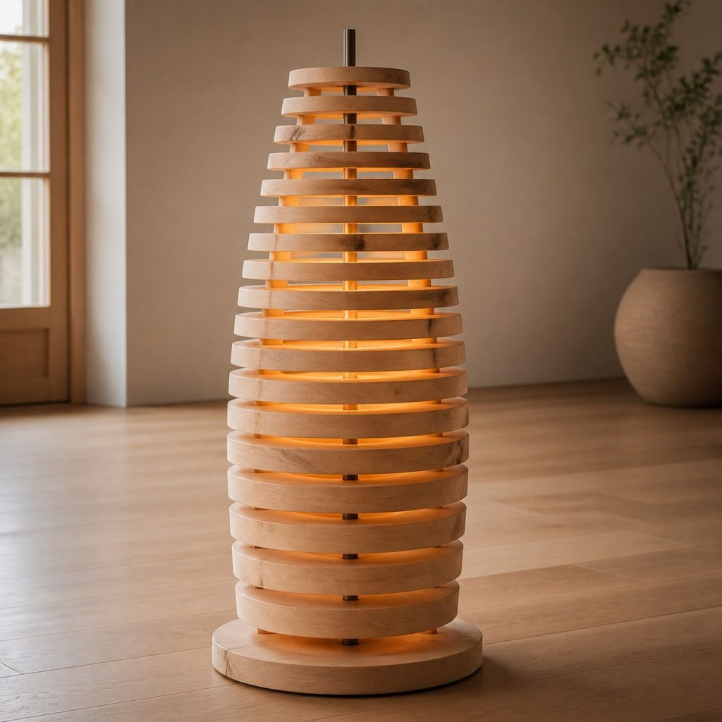 Tapered Maple Slice Floor Lamp shown as an original square photorealistic stacked wood slice lamp dominated by real timber grain and warm diffused LED light