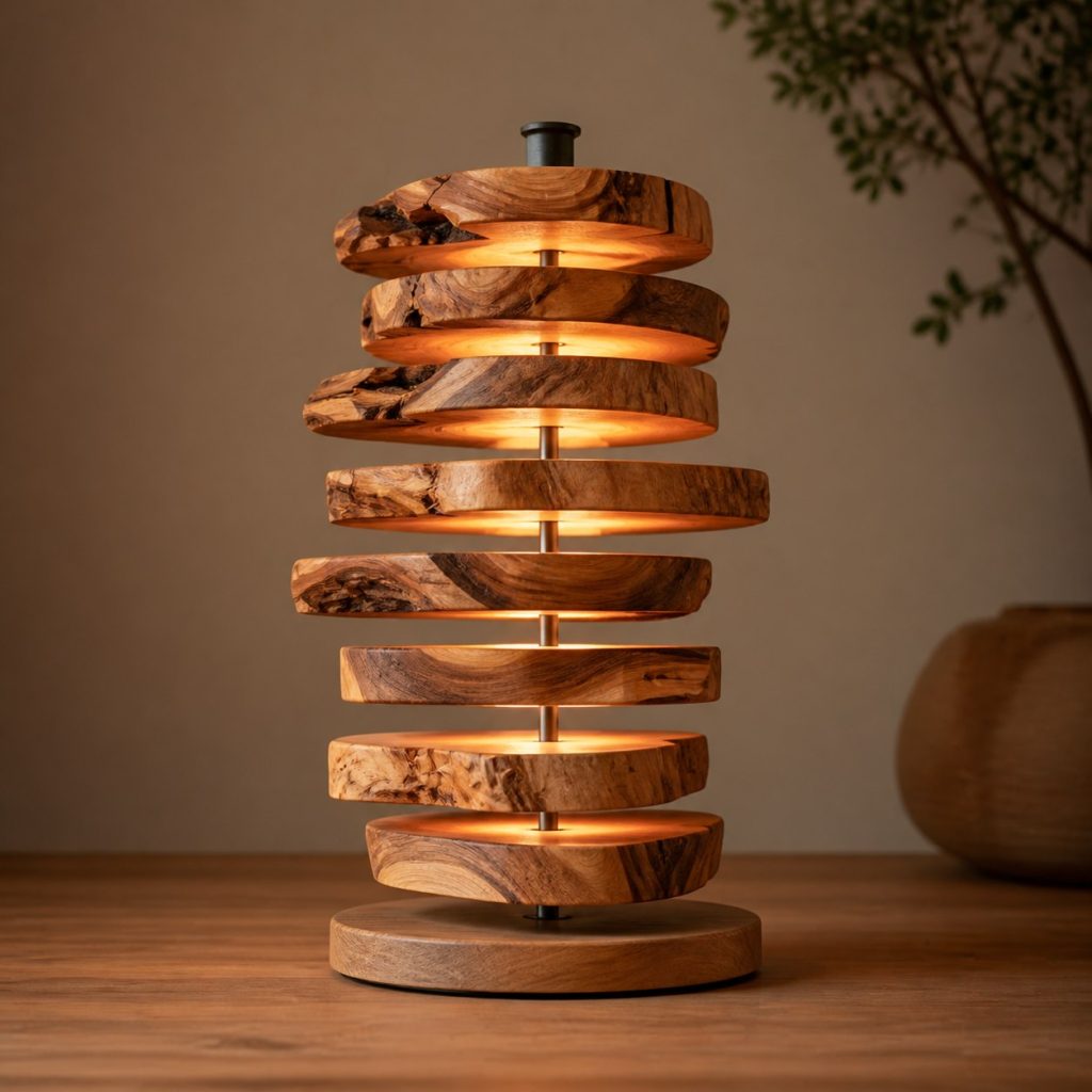 Stacked Olive-Wood Sculptural Lamp shown as an original square photorealistic stacked wood slice lamp dominated by real timber grain and warm diffused LED light