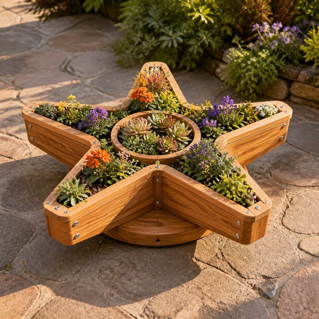 Compact Succulent Starfish shown as a square photorealistic cedar starfish-shaped garden planter filled with flowers