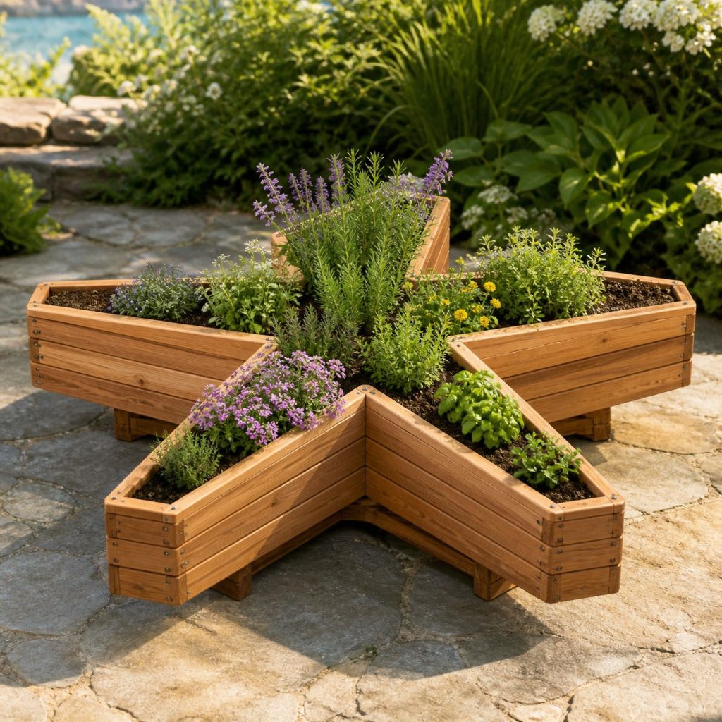 Layered Herb-Planter Starfish shown as a square photorealistic cedar starfish-shaped garden planter filled with flowers